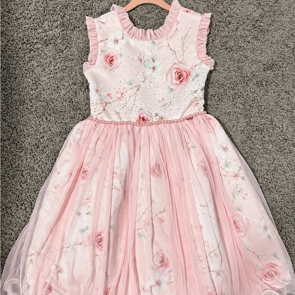 Pink Floral Tulle Girls' Party Dress